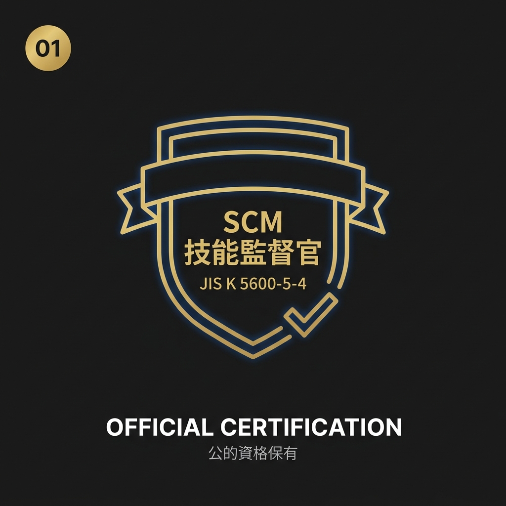 業者選びチェック 01 · 公的資格 SGM 技能監督官 + JIS K 5600-5-4 認知