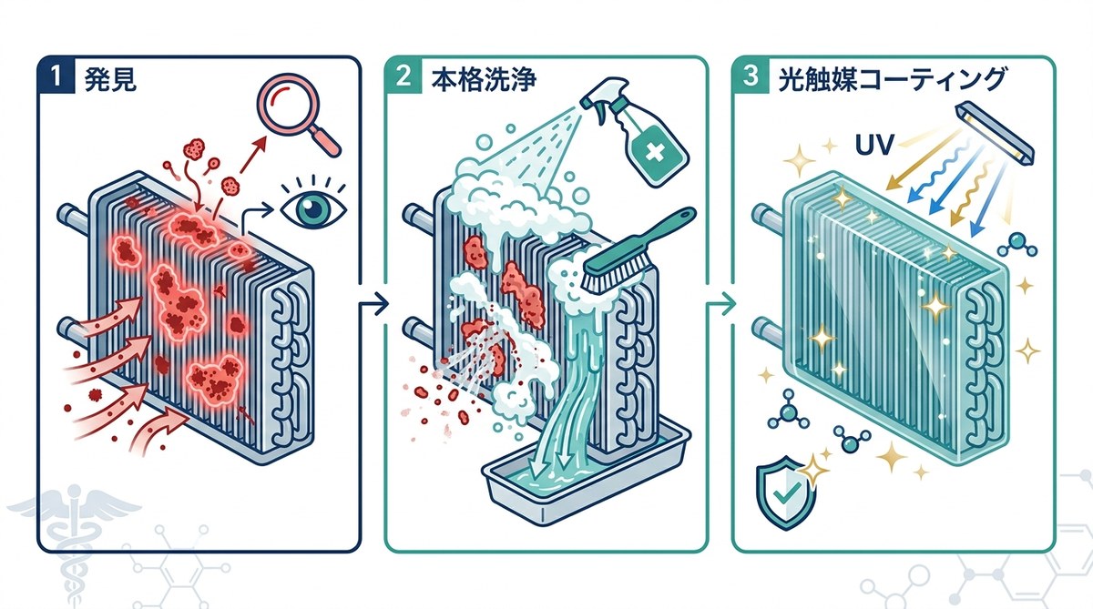カビ除去 3 ステップ：発見（カビ確認）→ 本格洗浄（エバポレーター洗浄）→ 光触媒コーティング（自浄予防）