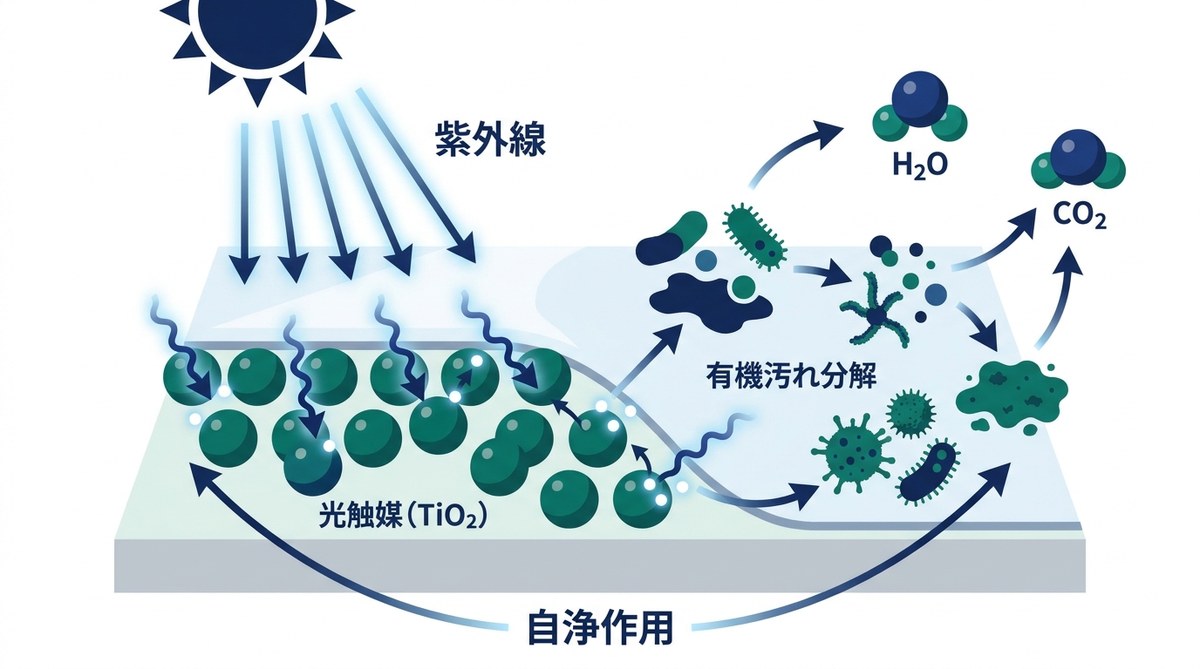 光触媒コーティング（TiO2）の自浄メカニズム：紫外線で有機汚れ・菌・カビ胞子を分解