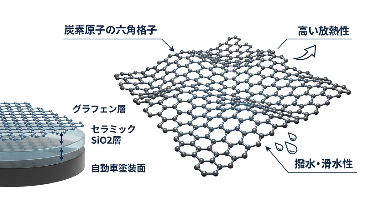 グラフェンコーティングの六角格子構造図と SiO2 層との複合断面