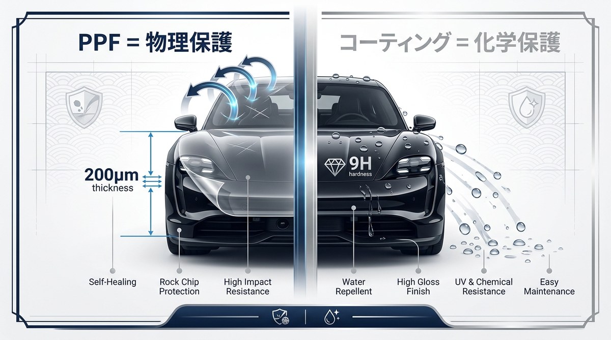 PPF と コーティングの比較インフォグラフィック：PPF は物理保護、コーティングは化学保護