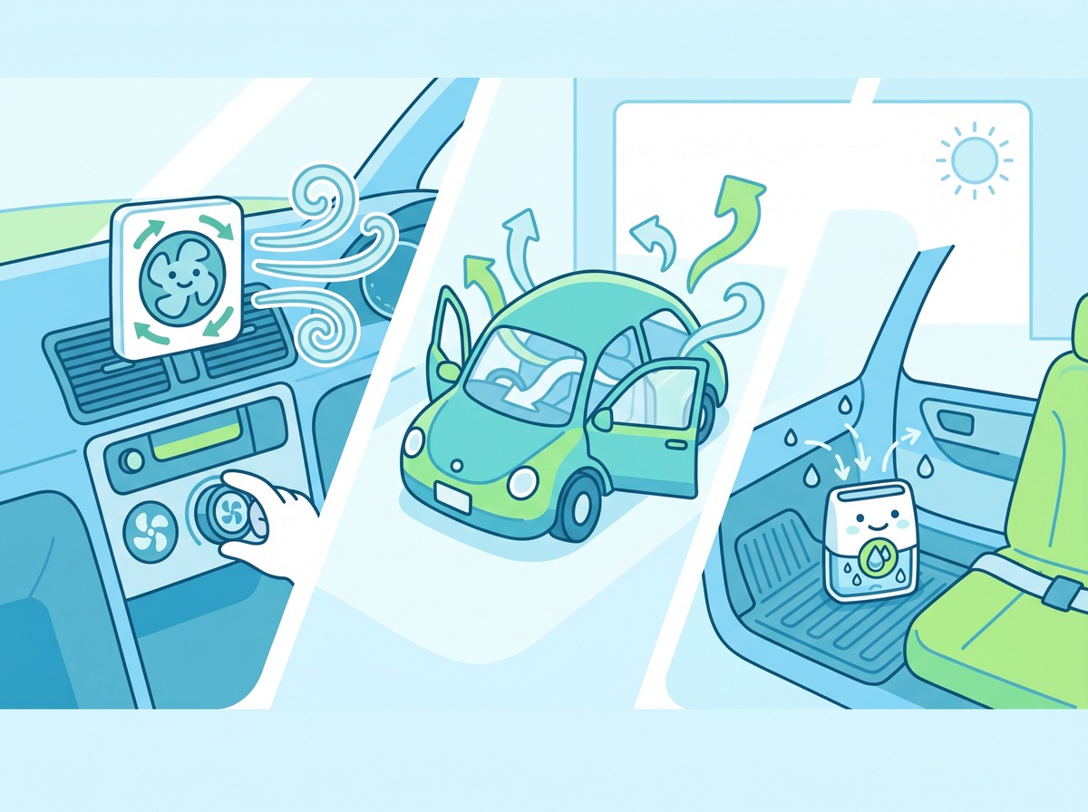 車内カビの予防方法イラスト｜送風乾燥・換気・除湿