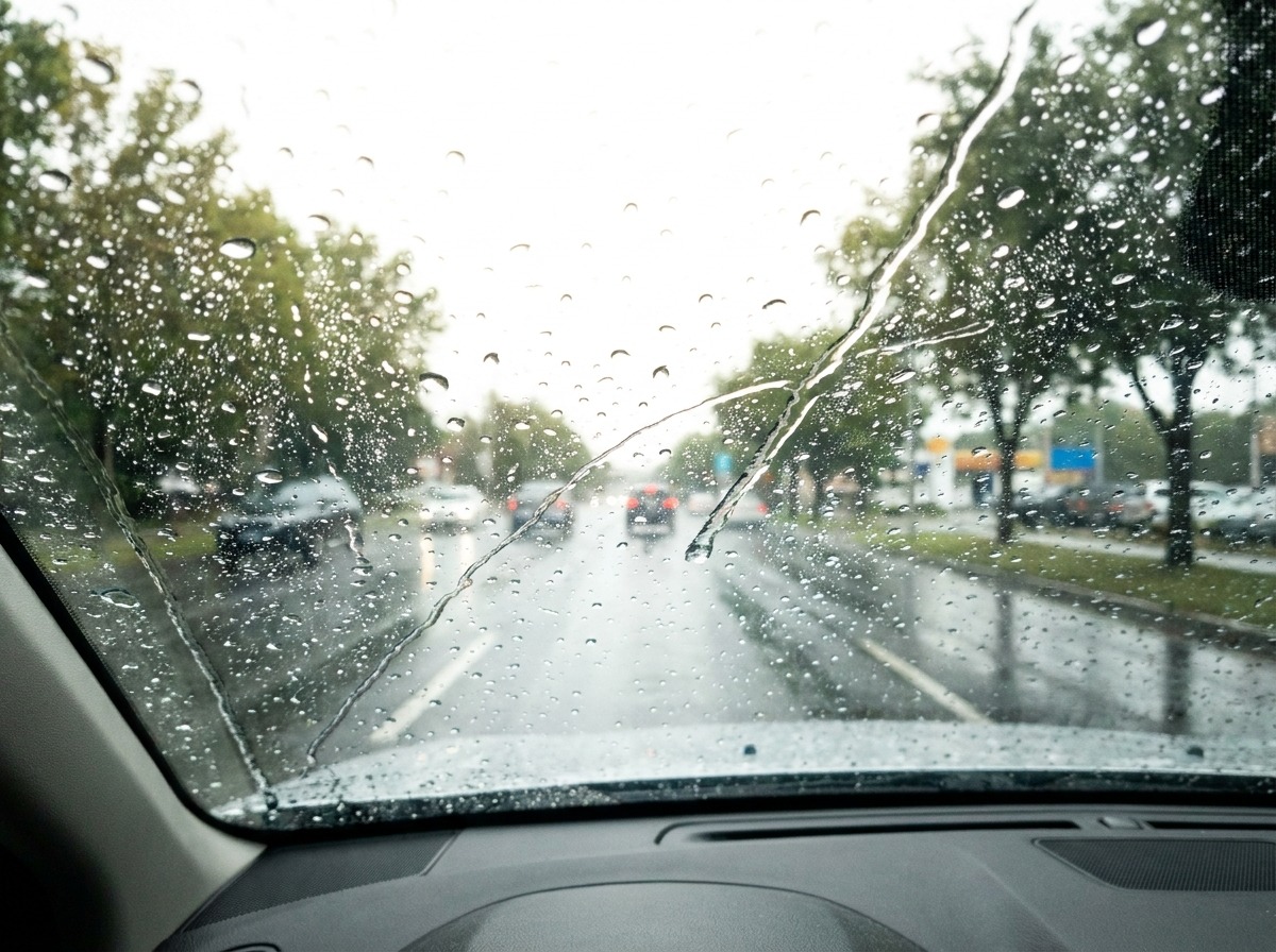 ガラス撥水コーティングで雨天もクリアな視界｜運転席視点