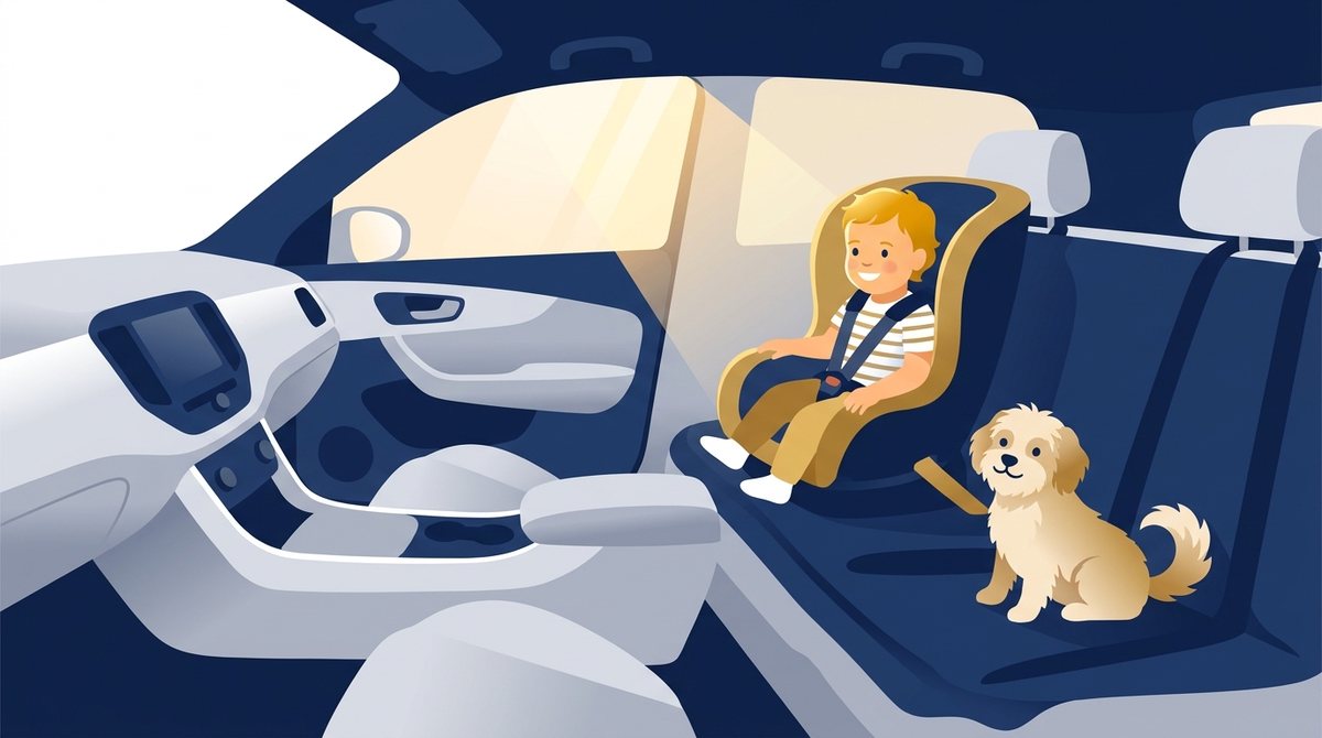 チャイルドシートの子どもとペットが清潔な車内で安心して過ごすイラスト